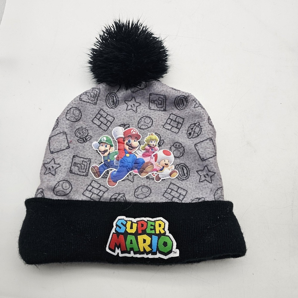 Super Mario Hat Beanie Youth One Size Gray Black Pom Knit Mario Luigi Peach Toad